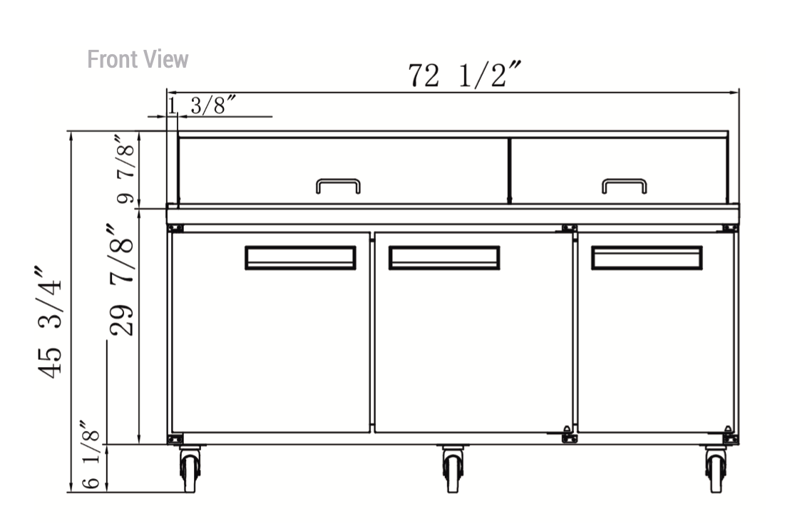 DSP72-30M-S3 3-Door Commercial Food Prep Table Refrigerator in Stainless Steel with Mega Top